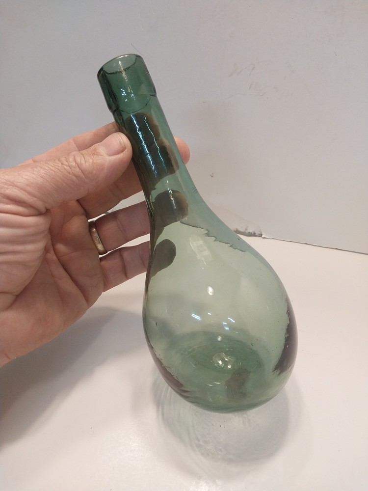 Antique Hand Blown Glass Round Bottom Bulb Wine Bottle Flask Aqua Vtg
