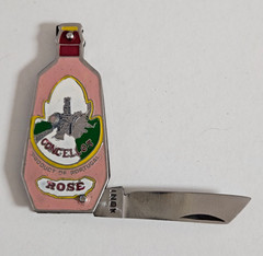 VINTAGE MINI CLOISONNE FIGURAL KNIFE Portugal CONCELLOS Rose WINE BOTTLE w/case