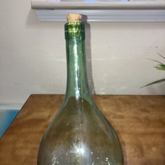 Antique Green Hand Blown Torpedo Round Bottom Glass Bottle 13” Cork Stopper