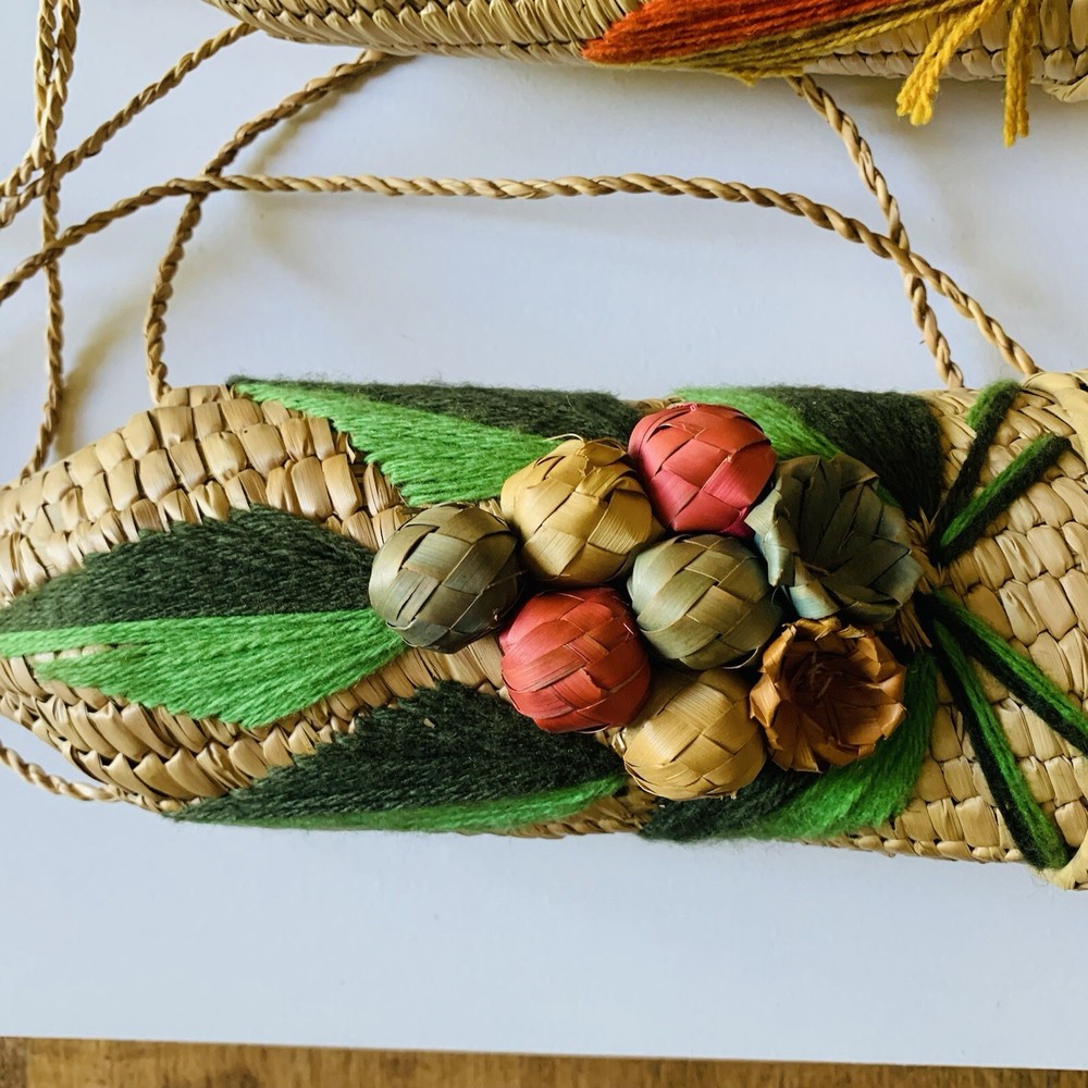 Wicker Rattan Straw Wine Bottle Carrier Holder Tiki Bar Floral Vintage Set Of 2