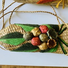 Wicker Rattan Straw Wine Bottle Carrier Holder Tiki Bar Floral Vintage Set Of 2
