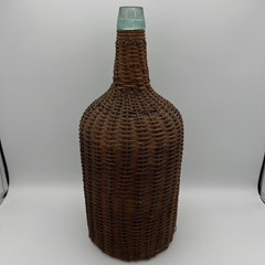 Antique Wicker Wrapped Aqua Glass Demijohn Demi John Bottle Jug Wine Basket