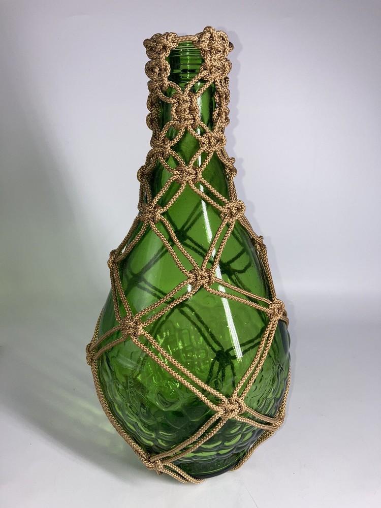 Macrame Wrapped Glass Wine Bottle Green Grapes Textured Gorgeous Half Gallon