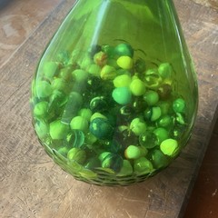 Green Glass Wine Bottle with Cap, Filled with Assorted vintage Marbles Inside