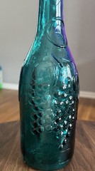 Vintage Teal Glass Bottle 11.25&Prime;H Grape Motif Spanish Glass Wine Carafe