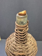 Vintage Rustic Large Wicker Demijohn 16” Green Bottle W/ Partial Cork.