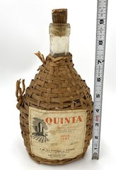 Vintage Wicker Wrapped Clear Glass Quinta Lisbon Wine Bottle Portugal Empty.