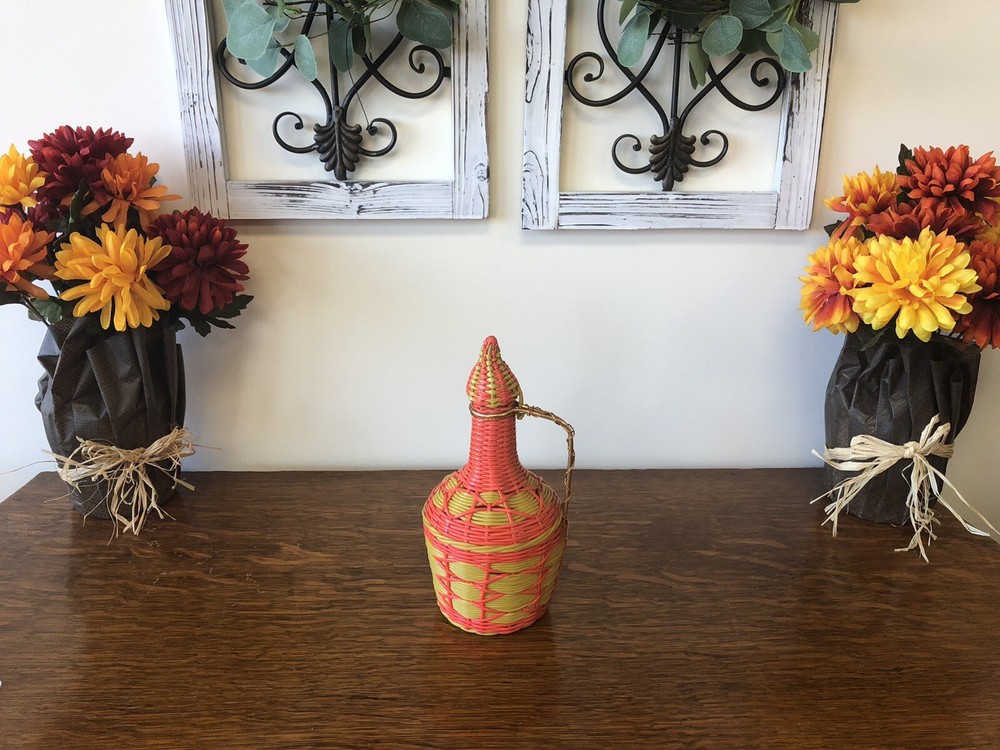 Vintage Plastic Wicker Wrapped Decanter Jug W/ Lid Neon Gimp Retro