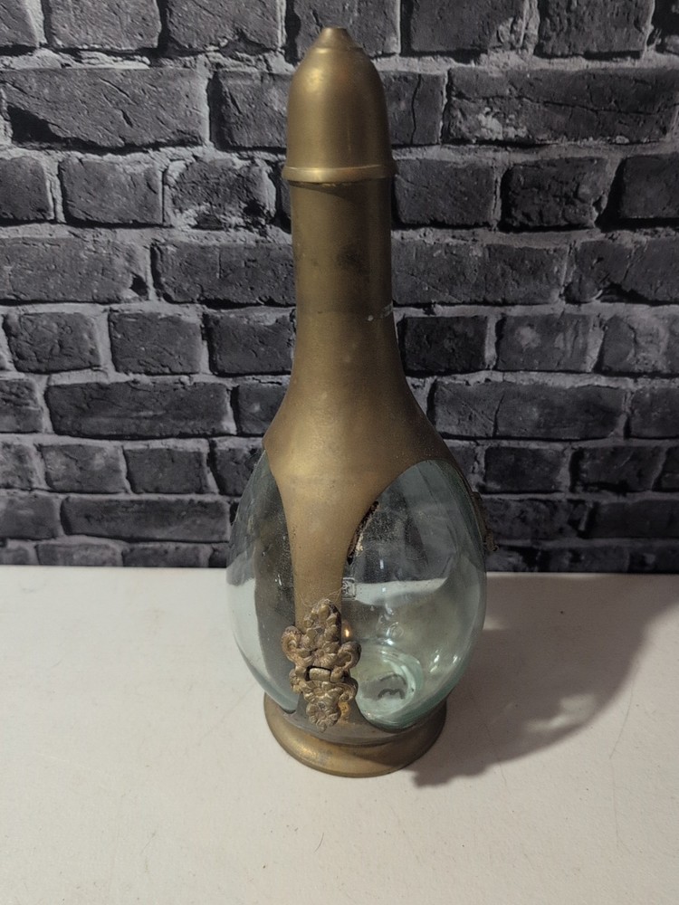 Vintage India Brass Italia Glass Bottle Wine Rum Liquor Decanter Bar Decor O7