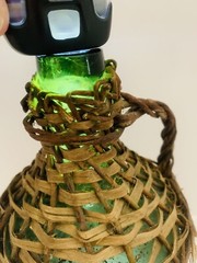 Rustic Wicker Wrapped Green Glass Bottle with a Handle VTG