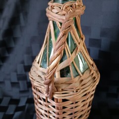 Vtg 2L European 16&Prime; Wicker Covered Demijohn Bottle w/Baled Porcelain Stopper