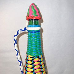 Vintage Viresa Plastic Wicker Wrapped Wine Bottle Boho Chic Spain colorful 15&Prime; H