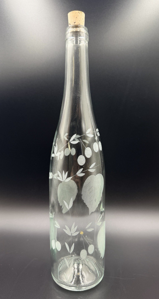 Vintage Tall Etched Cherry Pattern Clear Glass Wine Bottle With Stopper 13&Prime;