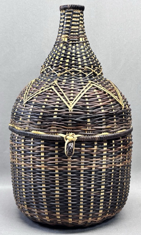 Vintage Wicker Demijohn Wine Bottle Basket Holder Hinged Lid Handle 13.5”
