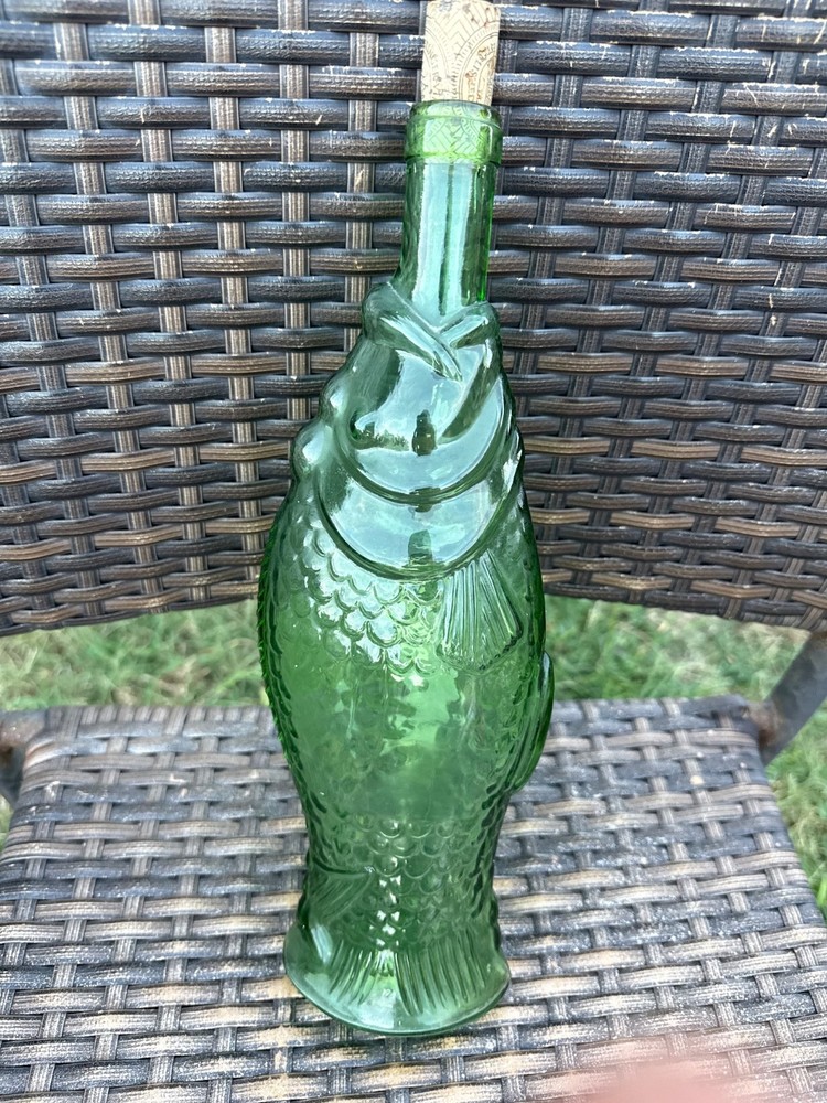 Vintage Fish Shaped Green Glass Wine Decanter Bottle 13”