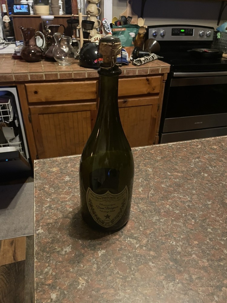 Vintage 2002 Dom Perignon Empty Glass Champagne Bottle Wine W Cork Wire Bail Cap