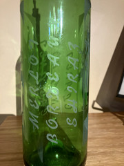 Beautiful Hand Etched Wine Bottle With City Skyline and Whimsical Figures