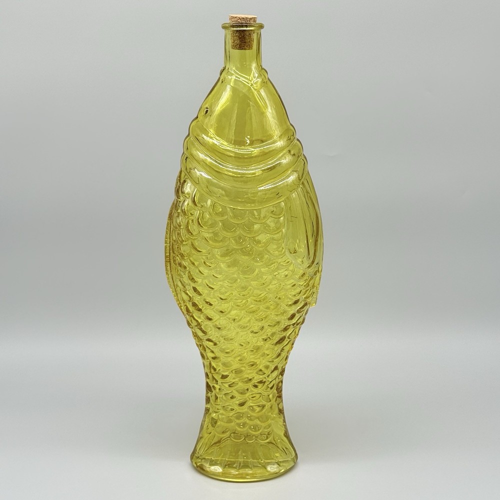 Vintage Fish Shaped Yellow Glass Decanter Wine Bitters Bottle With Cork 15&Prime;