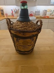 VINTAGE MARQUES De OLIVAR 1964 GREEN GLASS DEMIJOHN WINE BOTTLE w/HANDLES