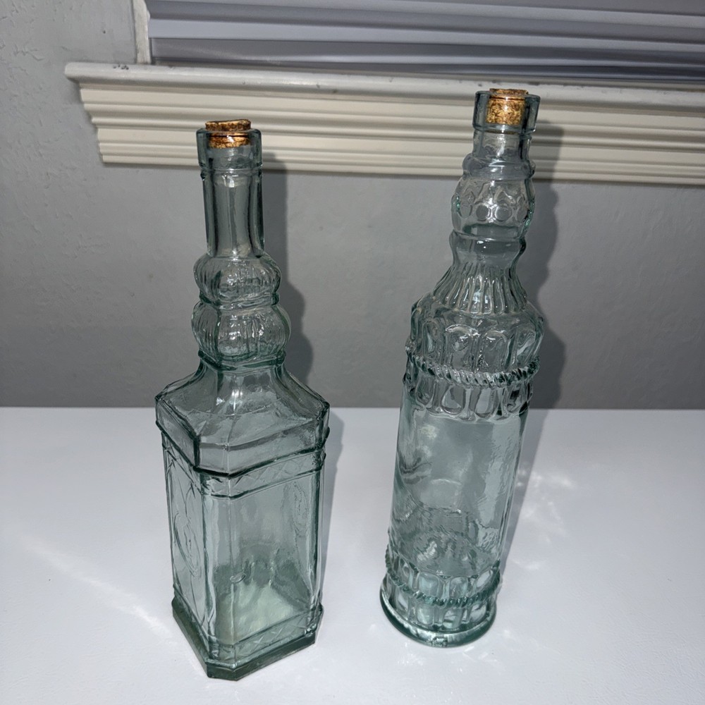 2 Blue Green Vintage Wine Bottles Glass
