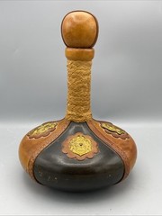 Vintage Italian Leather Wrapped Wine Bottle w/ Wood Stopper