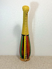 VTG MCM Amber Glass Norleans Spain Decanter Bottle Scoubidou Woven Vinyl Wicker