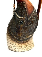 Vtg Spanish Style Porron Wine Decanter w/Fish Display Art 15&Prime;x10&Prime;x4&Prime; Faux Wood