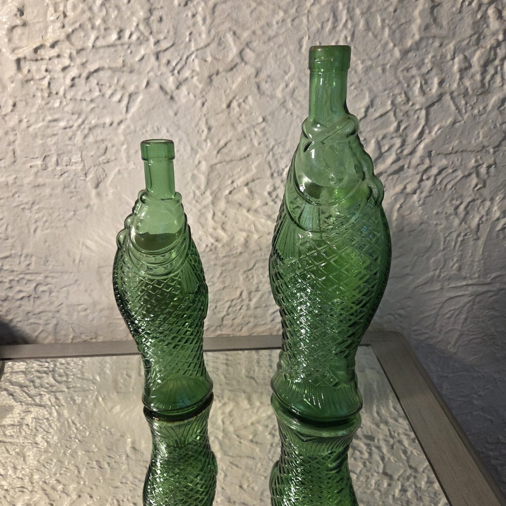 2 Vintage Decanter Fish Shaped Glass 13&Prime; & 10” Green Italian Wine Bottle 70s