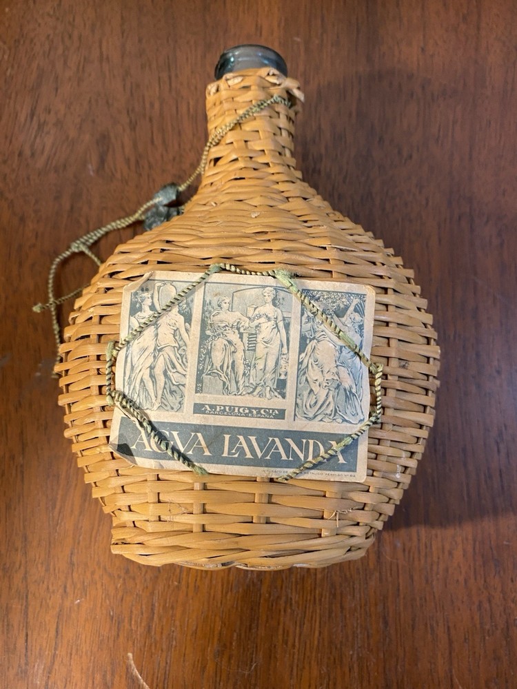 V. Levante Vintage Spanish Wicker-Covered Green Glass Demijohn Bottle