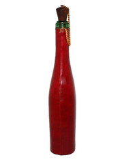 VTG MCM Wrapped Wine Bottle w/ Cork Medallion Red Vinyl Green Glass Empty 15.5&Prime;