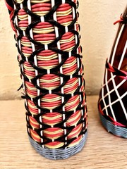 VTG MCM 2 Wicker Wrapped Scoubidou Wine Bottles Multicolor 15 & 17” Tall