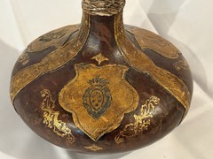 VTG Italian Leather Wrapped Decorative Wine Bottle w/ Wood Stopper RARE Italy