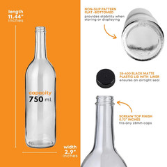 750 Ml Clear Bordeaux Wine Bottles (Pack of 6) with 12 Black PLASTIC Caps | W5 F