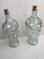 Set Of 2 VTG Lightly Tinted Blue GLASS GRAPES CLUSTER 10&Prime; STANDING WINE BOTTLE