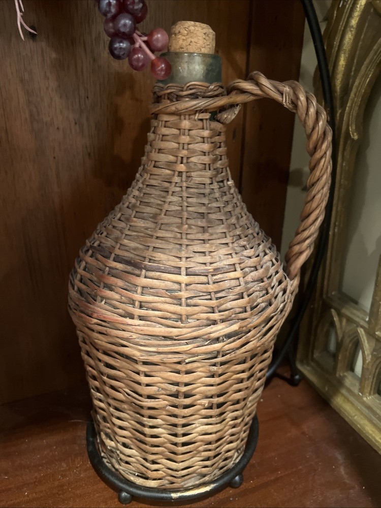 Vintage Rustic Woven Wicker Rattan Wine Bottle Demijohn Jug 13” Tall Aqua