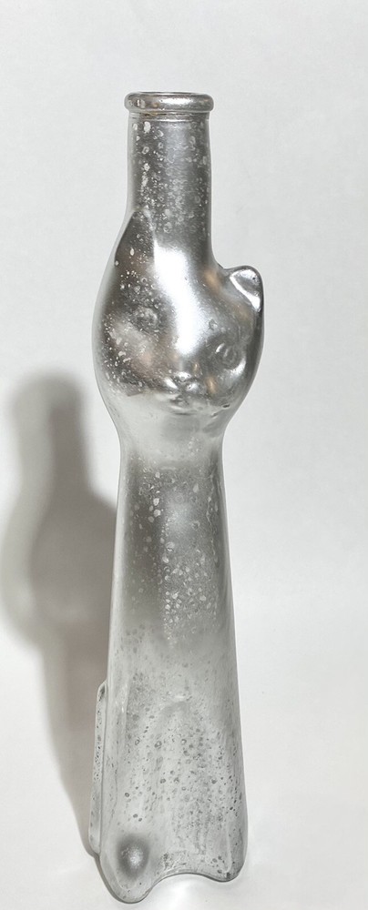 Collectible Vintage CAT SHAPED GLASS BOTTLE – 13”- Metallic Silver