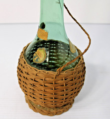 Vintage 21&Prime;H Green Glass Demijohn Carafe in Raffia, New Orleans Import Label