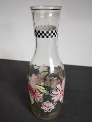 Vintage Paul Masson Glass Wine Bottle Pink Floral Checkered Band Multi-Color