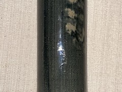 Salt Glazed Beameister Wine Bottle 11.25 Tall Dark Green, Ivory & Black 1960-70s