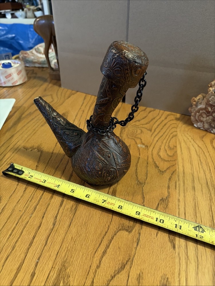 Vintage Tooled Leather Covered Wine Decanter 8” Tall Liquor MCM Oil See Photos