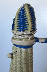 Vintage 1970s blue & natural Wicker Rattan Covered Handled brown Bottle w/ Top