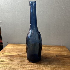 VTG Cobalt Blue European Wine Bottle With Embossed Grapes And Leaves 12” X 3.25”