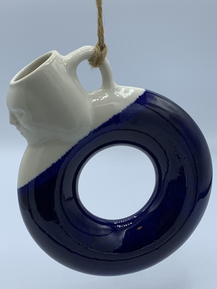 Pottery Face Wine Decanter Jug Circle Round Carafe Glazed Dipped Blue White