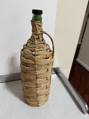 VTG Wicker Rattan Wrapped Large Green Glass Wine Bottles With Handle