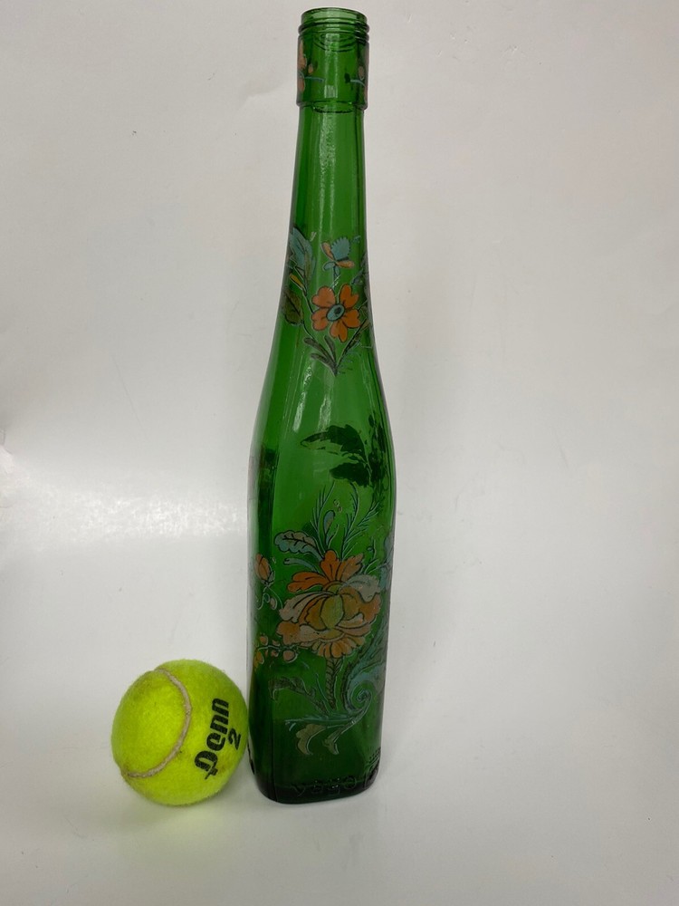 Vintage Christmas Gift! Yago Bottle Square Base Emerald Green Glass Flower Print