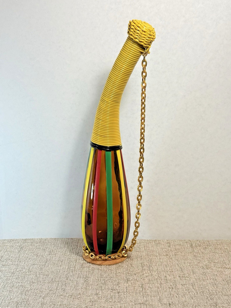 VTG MCM Amber Glass Norleans Spain Decanter Bottle Scoubidou Woven Vinyl Wicker