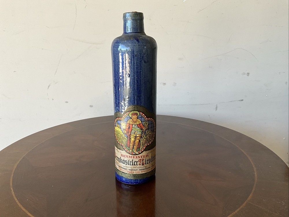 Vintage Beameister Empty Stoneware German Riesling Wine Bottle 11&Prime; Tall Blue