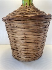 Vtg Wicker Wrapped Demijohn De Muller Spain Green Glass Wine Bottle 13” h x 9”w*