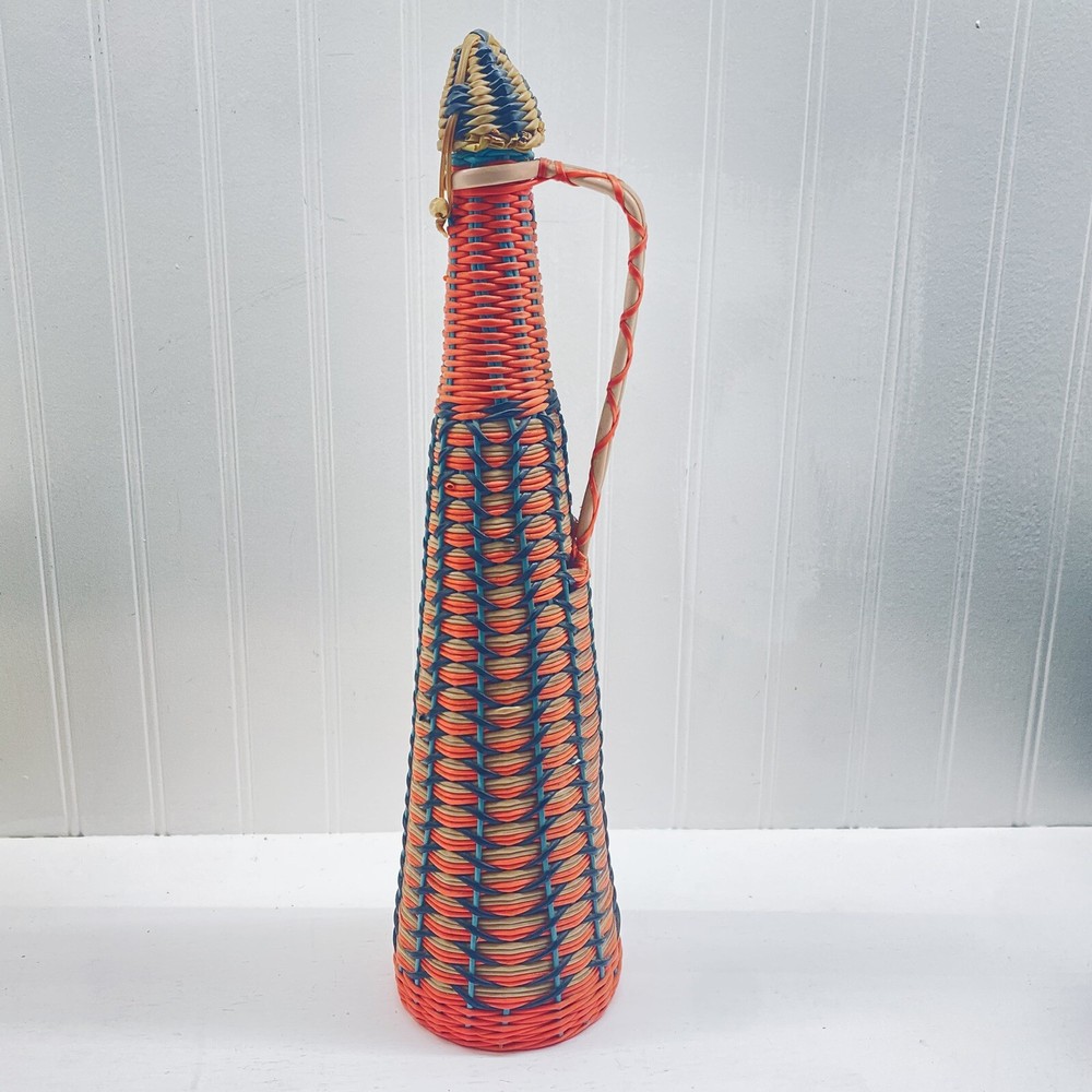 Vintage 60&rsquo;s Bohemian Wine Decanter Plastic Wicker Wrapped Bottle Made in SPAIN