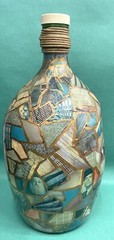 Vintage Green Glass Jug 4 L/1 GalHand decorated Decoupage w Faces 13&Prime; tall